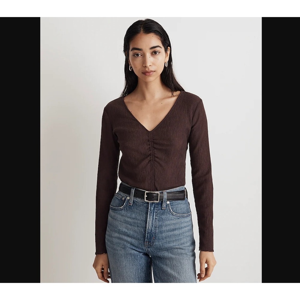 Madewell NEW NWT Womens XXS Brown Semi Sheer Shirred V Neck Top